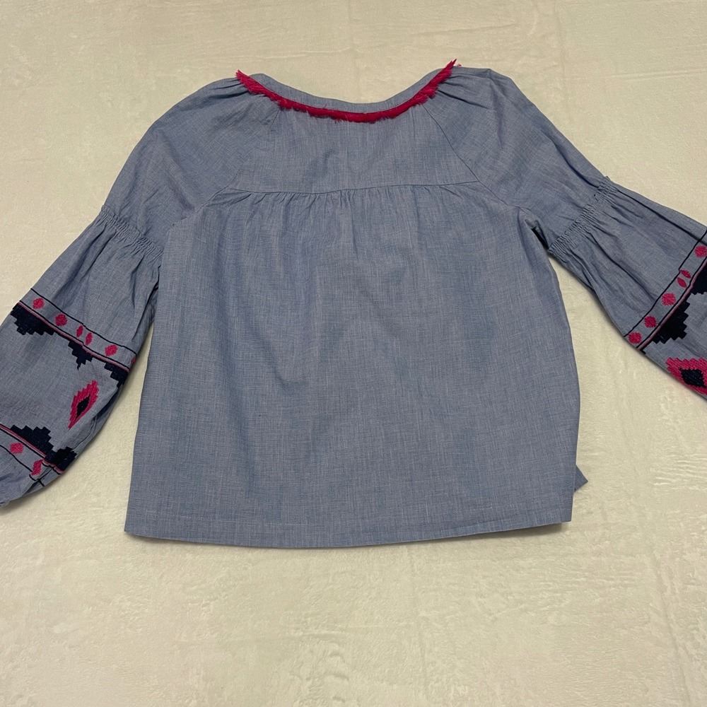 Crown & Ivy Petite Medium Blue Cotton Embroidered Fringe Boho Peasant Blouse Top - Picture 7 of 9